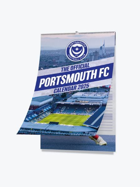 Cover of The Official Portsmouth FC Calendar 2025 featuring the club's logo, a view of the football stadium, and a cityscape background with notable Portsmouth landmarks.