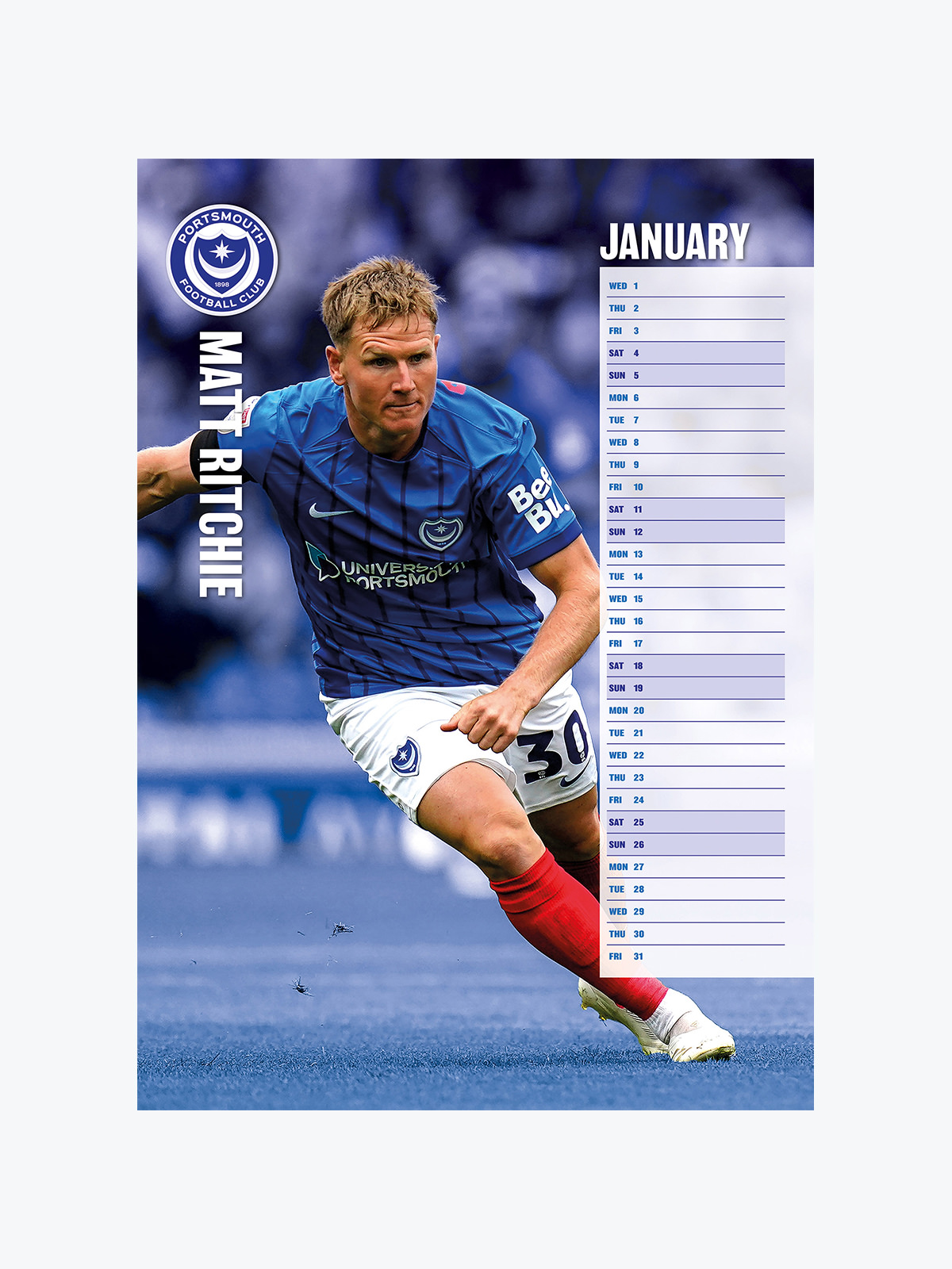 January page of the Official Portsmouth FC Calendar 2025 featuring player Matt Ritchie in a blue jersey with the club's logo, the number 30 on his shorts, and a calendar grid with highlighted weekends