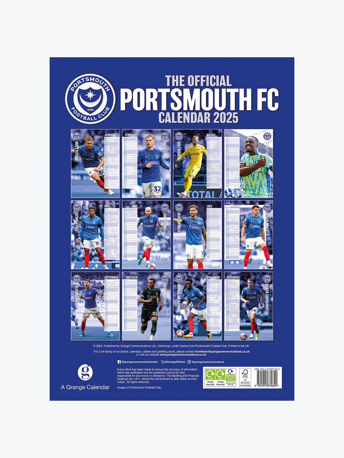 Back cover of The Official Portsmouth FC Calendar 2025 featuring images of Portsmouth Football Club players in action, a calendar grid for each month, the club's logo, and publishing information at the bottom