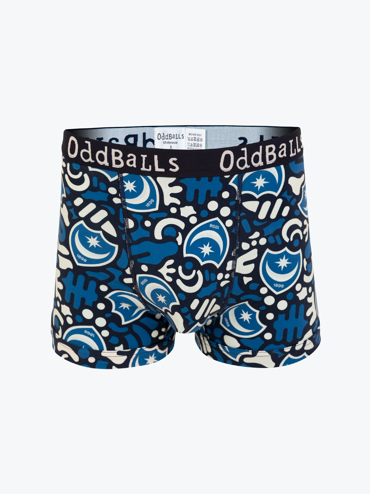 A pair of men's boxer briefs with a vibrant, colorful, and abstract pattern featuring various shapes and symbols in shades of blue, white, and black. The waistband is black with the brand name "OddBalls" written in white multiple times. 