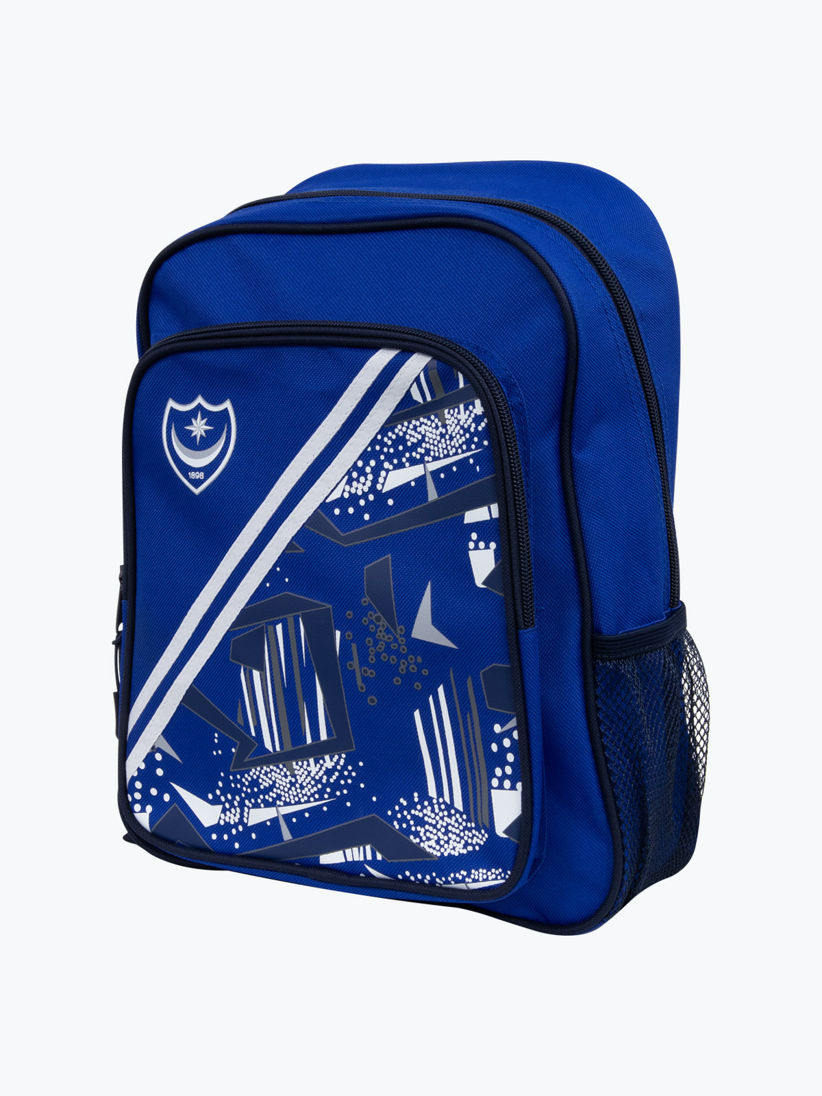 Portsmouth FC junior blue backpack with white diagonal graphics and shield crest