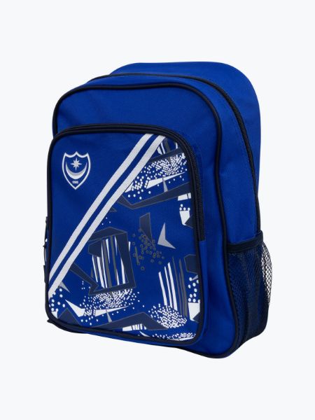Portsmouth FC junior blue backpack with white diagonal graphics and shield crest