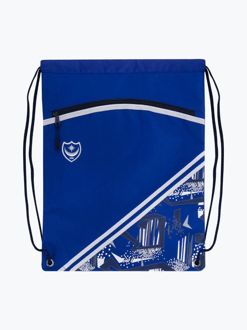 Portsmouth FC blue drawstring gym bag with white diagonal graphics and shield crest