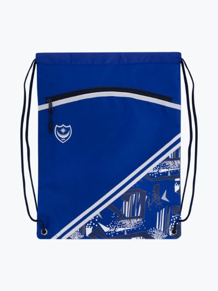 Portsmouth FC blue drawstring gym bag with white diagonal graphics and shield crest