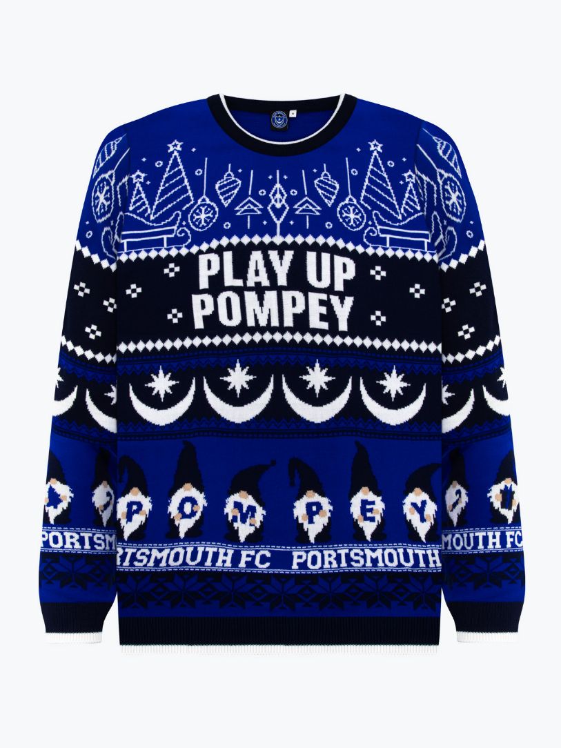 Portsmouth FC 2025 Christmas Jumper – official navy festive knit with the Pompey Star and Crescent crest and snowflakes