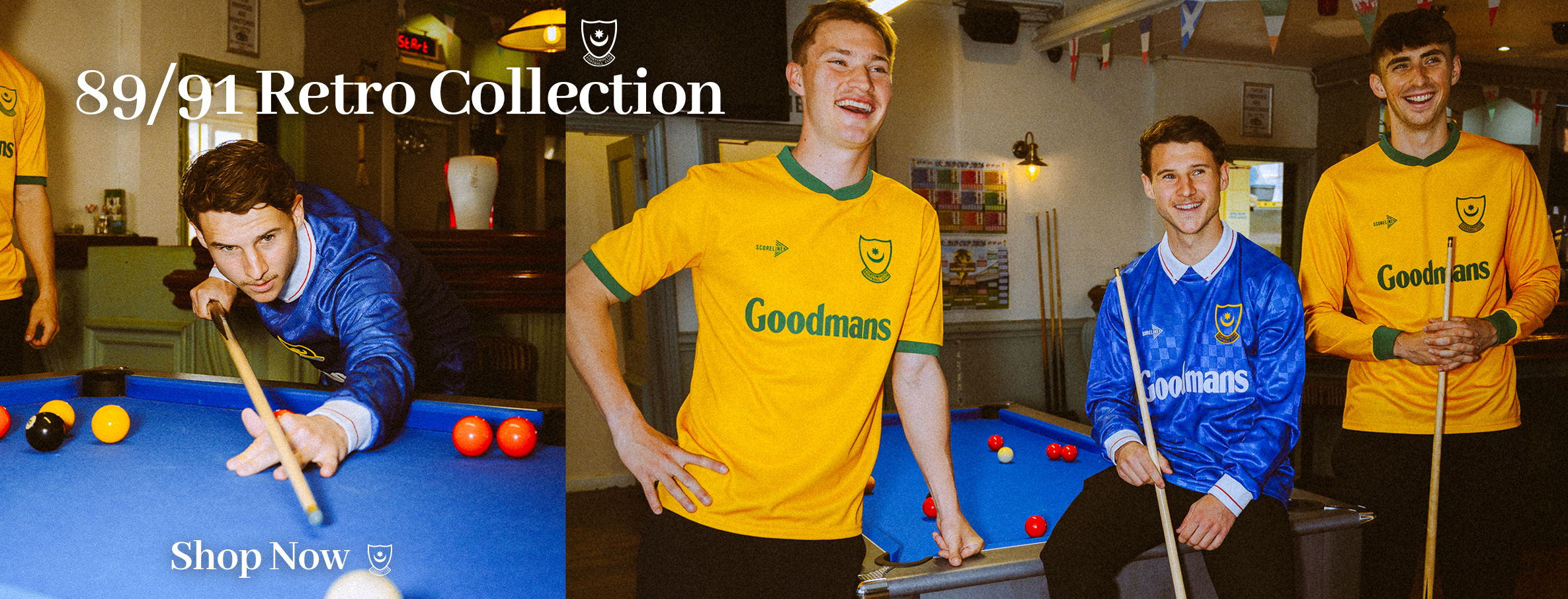 Portsmouth FC 1989 Home and Away Kit Shirts are on display